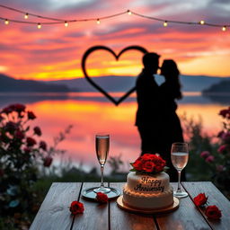 A heartfelt anniversary scene featuring a romantic setup with two intertwined hearts etched into a beautiful landscape at sunset