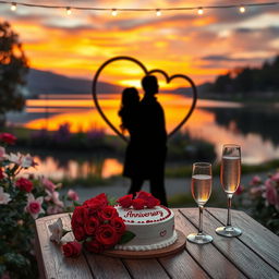 A heartfelt anniversary scene featuring a romantic setup with two intertwined hearts etched into a beautiful landscape at sunset