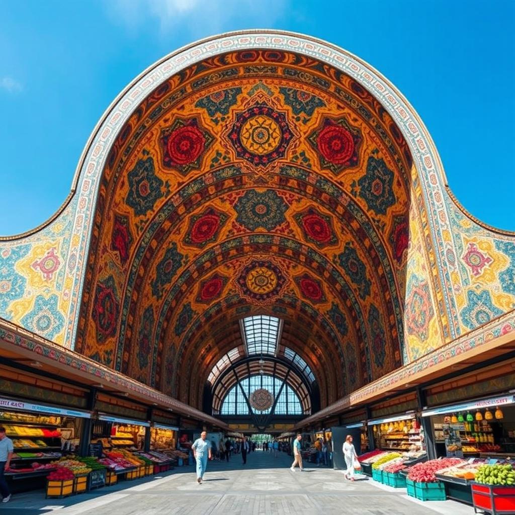 A stunning depiction of the Markthal in Rotterdam, designed by the architectural firm MVRDV, infused with the stylistic elements of the Ishtar Gate from Iraq