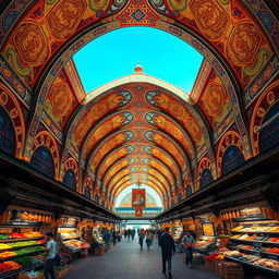A stunning depiction of the Markthal in Rotterdam, designed by the architectural firm MVRDV, infused with the stylistic elements of the Ishtar Gate from Iraq