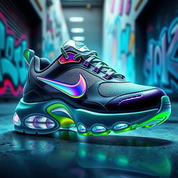 A vibrant and innovative design of Nike TN sneakers featuring a futuristic style with holographic elements, bold colors like neon green and electric blue, and a sleek silhouette