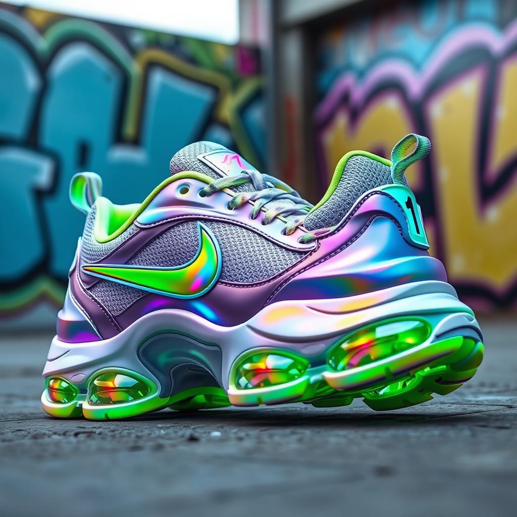 A vibrant and innovative design of Nike TN sneakers featuring a futuristic style with holographic elements, bold colors like neon green and electric blue, and a sleek silhouette