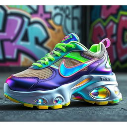 A vibrant and innovative design of Nike TN sneakers featuring a futuristic style with holographic elements, bold colors like neon green and electric blue, and a sleek silhouette