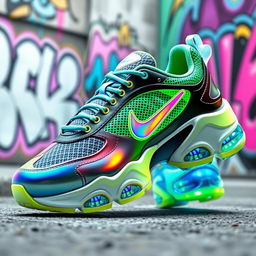 A vibrant and innovative design of Nike TN sneakers featuring a futuristic style with holographic elements, bold colors like neon green and electric blue, and a sleek silhouette