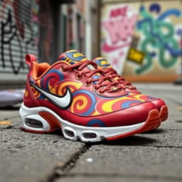 A creative design of Nike TN sneakers featuring a unique pattern that incorporates swirling abstract shapes and vibrant colors such as red, blue, and yellow