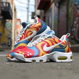 A creative design of Nike TN sneakers featuring a unique pattern that incorporates swirling abstract shapes and vibrant colors such as red, blue, and yellow