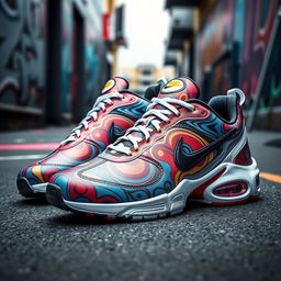 A creative design of Nike TN sneakers featuring a unique pattern that incorporates swirling abstract shapes and vibrant colors such as red, blue, and yellow