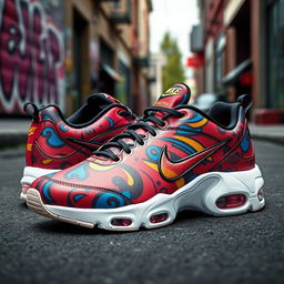 A creative design of Nike TN sneakers featuring a unique pattern that incorporates swirling abstract shapes and vibrant colors such as red, blue, and yellow