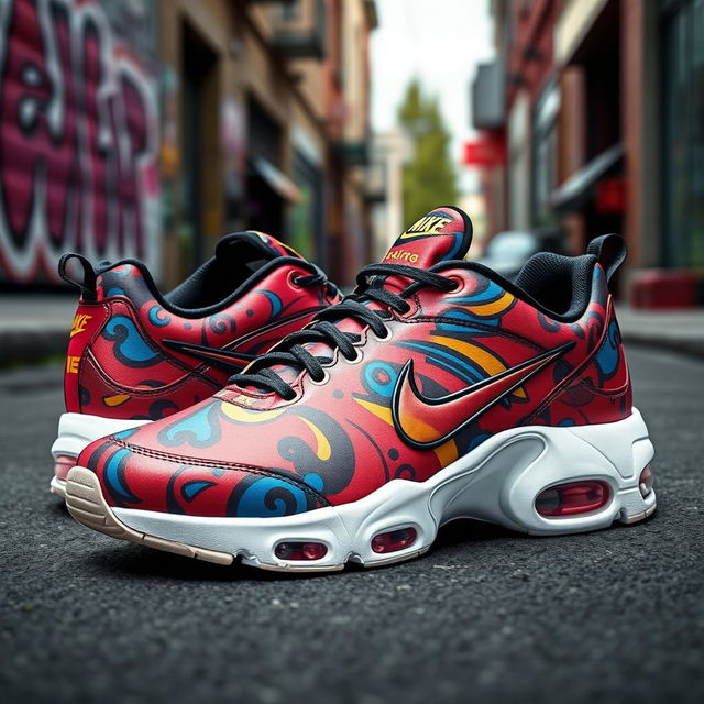 A creative design of Nike TN sneakers featuring a unique pattern that incorporates swirling abstract shapes and vibrant colors such as red, blue, and yellow