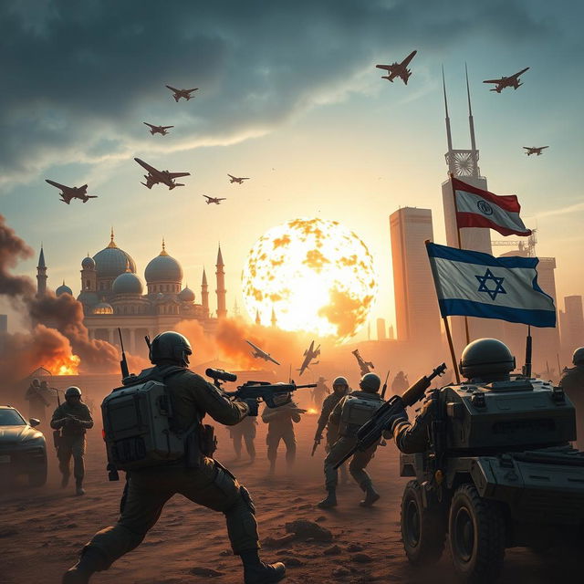 A dramatic depiction of a futuristic battlefield showcasing an intense confrontation between Iranian and Israeli soldiers