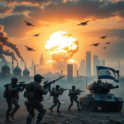 A dramatic depiction of a futuristic battlefield showcasing an intense confrontation between Iranian and Israeli soldiers