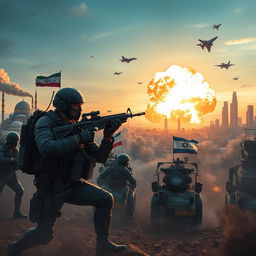 A dramatic depiction of a futuristic battlefield showcasing an intense confrontation between Iranian and Israeli soldiers