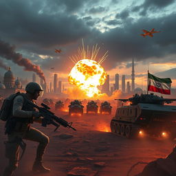 A dramatic depiction of a futuristic battlefield showcasing an intense confrontation between Iranian and Israeli soldiers