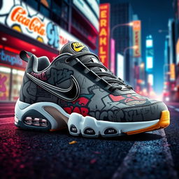 An impressive design of Nike TN sneakers featuring a dynamic street pattern that embodies urban culture