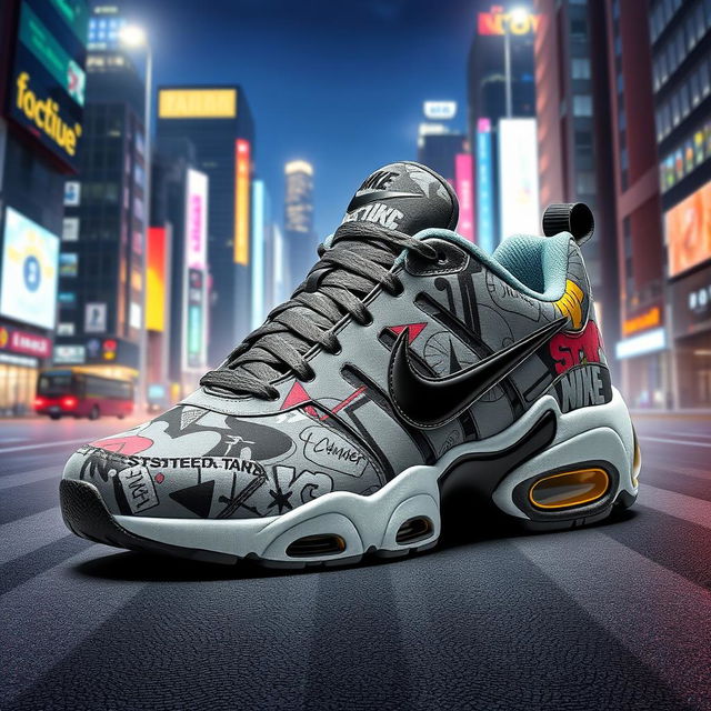 An impressive design of Nike TN sneakers featuring a dynamic street pattern that embodies urban culture