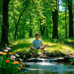 A serene scene of a person meditating peacefully in the midst of lush green nature