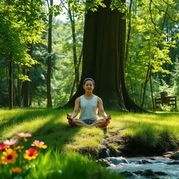 A serene scene of a person meditating peacefully in the midst of lush green nature