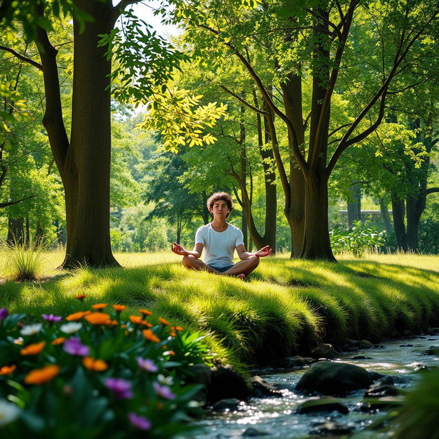 A serene scene of a person meditating peacefully in the midst of lush green nature