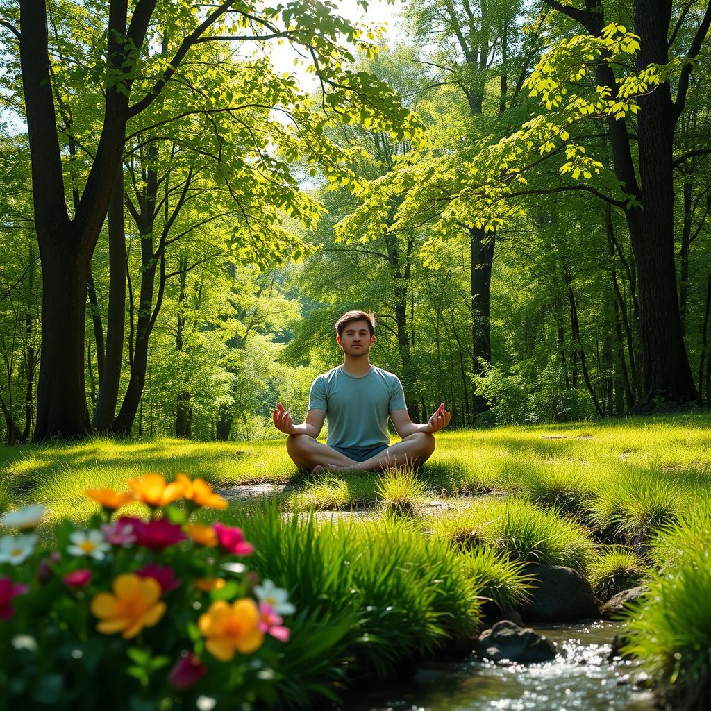 A serene scene of a person meditating peacefully in the midst of lush green nature