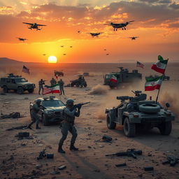 An intense and dramatic scene depicting a hypothetical military confrontation between Iran and the United States