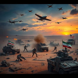 An intense and dramatic scene depicting a hypothetical military confrontation between Iran and the United States
