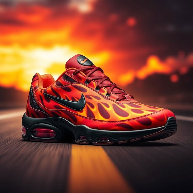 A striking design of Nike TN sneakers featuring an intense flame pattern covering the upper