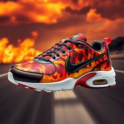 A striking design of Nike TN sneakers featuring an intense flame pattern covering the upper