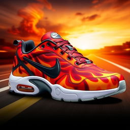 A striking design of Nike TN sneakers featuring an intense flame pattern covering the upper