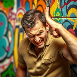 A scene depicting a man with a determined expression, forcefully but humorously bumping his head against a colorful wall