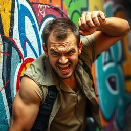 A scene depicting a man with a determined expression, forcefully but humorously bumping his head against a colorful wall