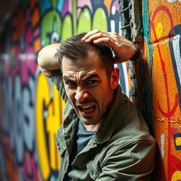 A scene depicting a man with a determined expression, forcefully but humorously bumping his head against a colorful wall