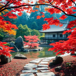 A serene landscape of a traditional Japanese garden during autumn, featuring vibrant red and orange maple leaves, a tranquil koi pond reflecting the colorful foliage, and neatly arranged rock formations