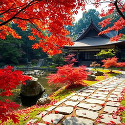 A serene landscape of a traditional Japanese garden during autumn, featuring vibrant red and orange maple leaves, a tranquil koi pond reflecting the colorful foliage, and neatly arranged rock formations