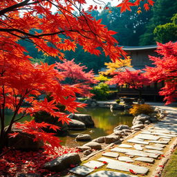 A serene landscape of a traditional Japanese garden during autumn, featuring vibrant red and orange maple leaves, a tranquil koi pond reflecting the colorful foliage, and neatly arranged rock formations