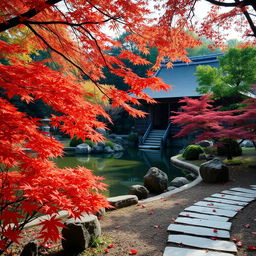 A serene landscape of a traditional Japanese garden during autumn, featuring vibrant red and orange maple leaves, a tranquil koi pond reflecting the colorful foliage, and neatly arranged rock formations