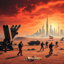 A tense geopolitical scene depicting a future where Iran has achieved nuclear capabilities, showcasing a powerful and militarized nation in a desert landscape