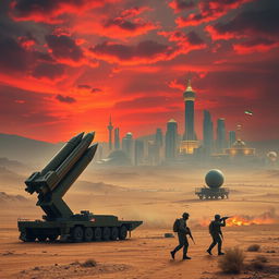 A tense geopolitical scene depicting a future where Iran has achieved nuclear capabilities, showcasing a powerful and militarized nation in a desert landscape