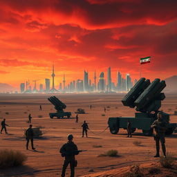 A tense geopolitical scene depicting a future where Iran has achieved nuclear capabilities, showcasing a powerful and militarized nation in a desert landscape