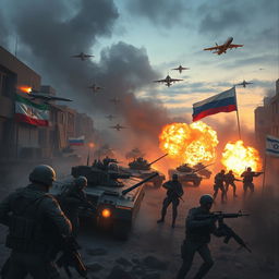 An epic battlefield scene depicting a dramatic confrontation involving Iranian and Russian forces against a coalition of United States and Israeli troops