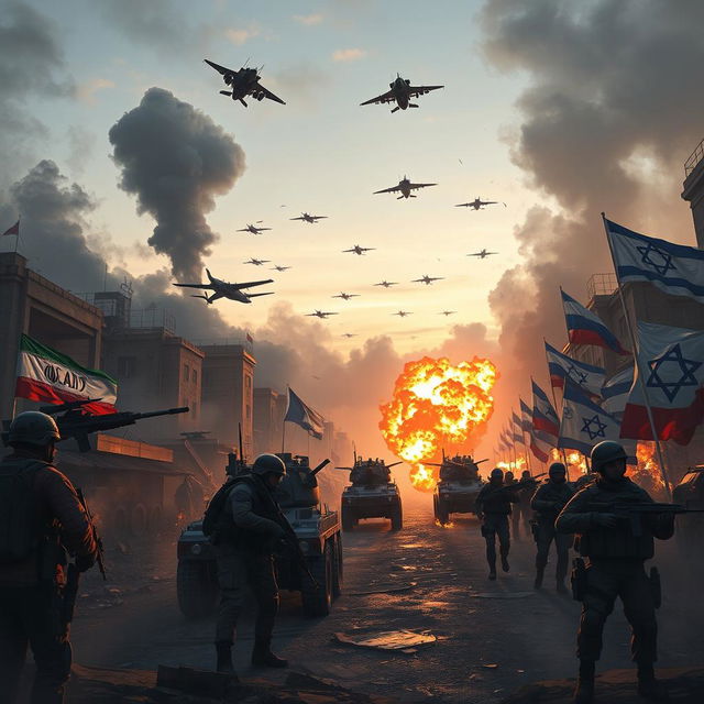 An epic battlefield scene depicting a dramatic confrontation involving Iranian and Russian forces against a coalition of United States and Israeli troops