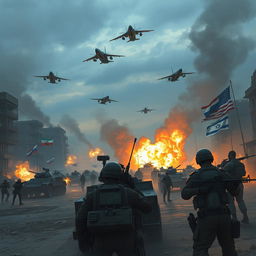 An epic battlefield scene depicting a dramatic confrontation involving Iranian and Russian forces against a coalition of United States and Israeli troops