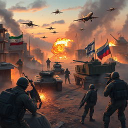 An epic battlefield scene depicting a dramatic confrontation involving Iranian and Russian forces against a coalition of United States and Israeli troops