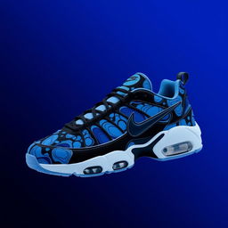 A stylish design of Nike TN sneakers featuring a captivating blue and black pattern across the upper