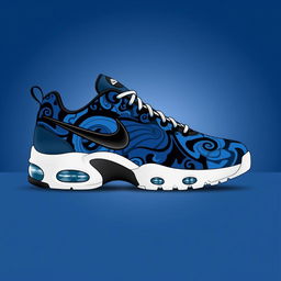 A stylish design of Nike TN sneakers featuring a captivating blue and black pattern across the upper