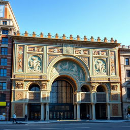 The façade of the Market Hall in Rotterdam designed by the architecture firm MVRDV, reimagined in a Mesopotamian style reminiscent of the Ishtar Gate in Iraq