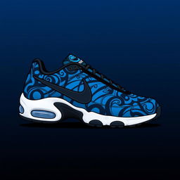 A stylish design of Nike TN sneakers featuring a captivating blue and black pattern across the upper