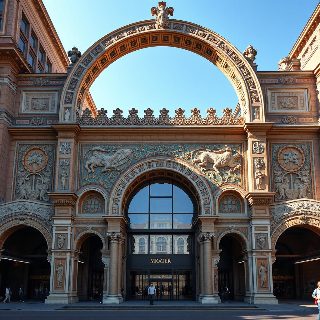 The façade of the Market Hall in Rotterdam designed by the architecture firm MVRDV, reimagined in a Mesopotamian style reminiscent of the Ishtar Gate in Iraq
