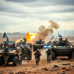 A dramatic battlefield scene depicting an intense conflict between the Iranian army and Russian forces on one side, engaging in combat against Israel
