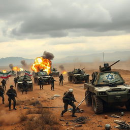 A dramatic battlefield scene depicting an intense conflict between the Iranian army and Russian forces on one side, engaging in combat against Israel