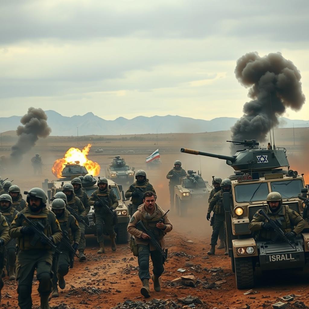 A dramatic battlefield scene depicting an intense conflict between the Iranian army and Russian forces on one side, engaging in combat against Israel